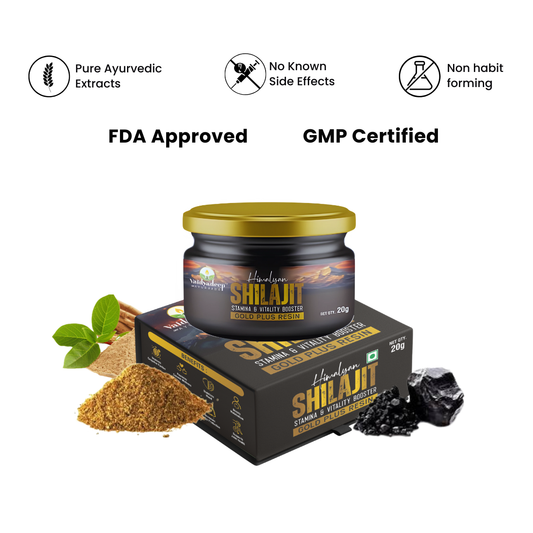 Shilajit product with packaging, ingredients, and certification labels on a white background