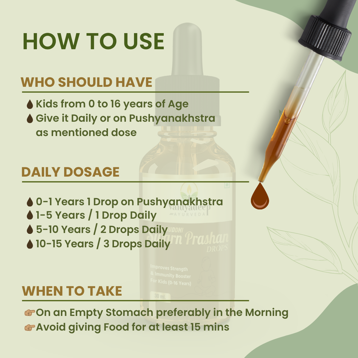 Balbuddhi Swarnaprashan bottle with dropper and its usage instructions on a light green background