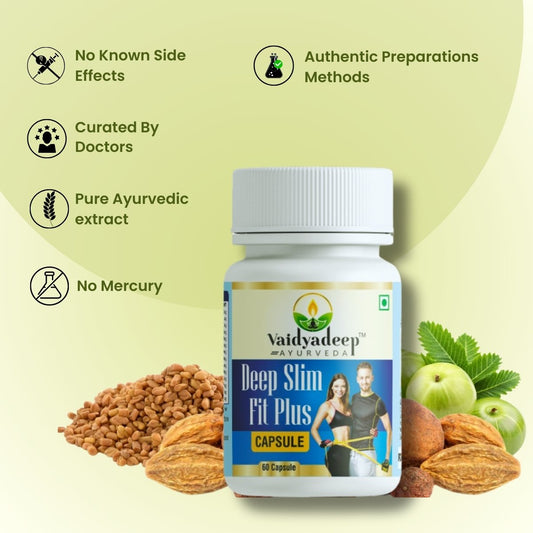 Vaidyadeep Deep Slim Fit Plus capsule bottle with health benefits on a green background