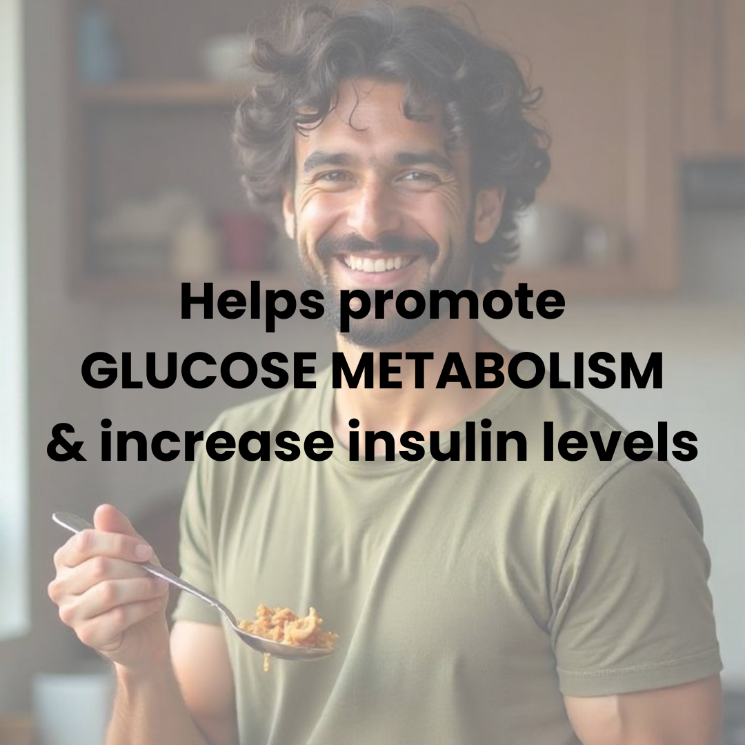 Man eating cereal with text about glucose metabolism and insulin levels