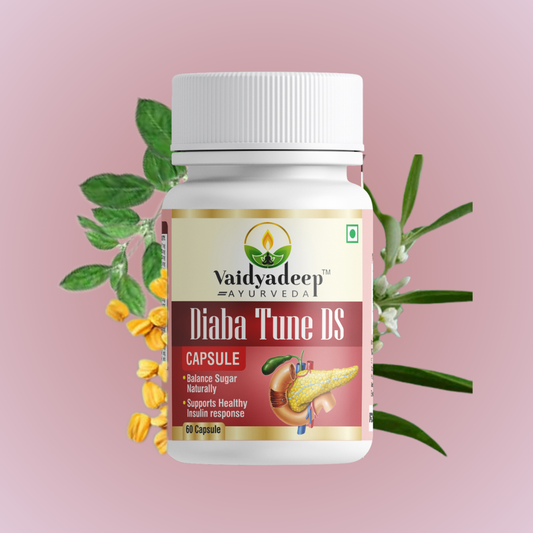 Vaidyadeep Diaba Tune DS capsule bottle with leaves on a pink background