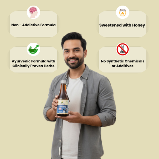 Man holding a bottle with health benefits displayed on a beige background