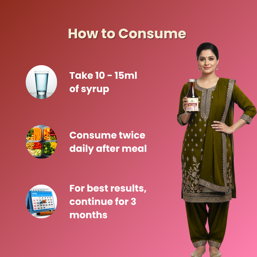 Woman holding a bottle of Vaidyadeep Nari Sukhi syrup bottle with consumption instructions on a pink background