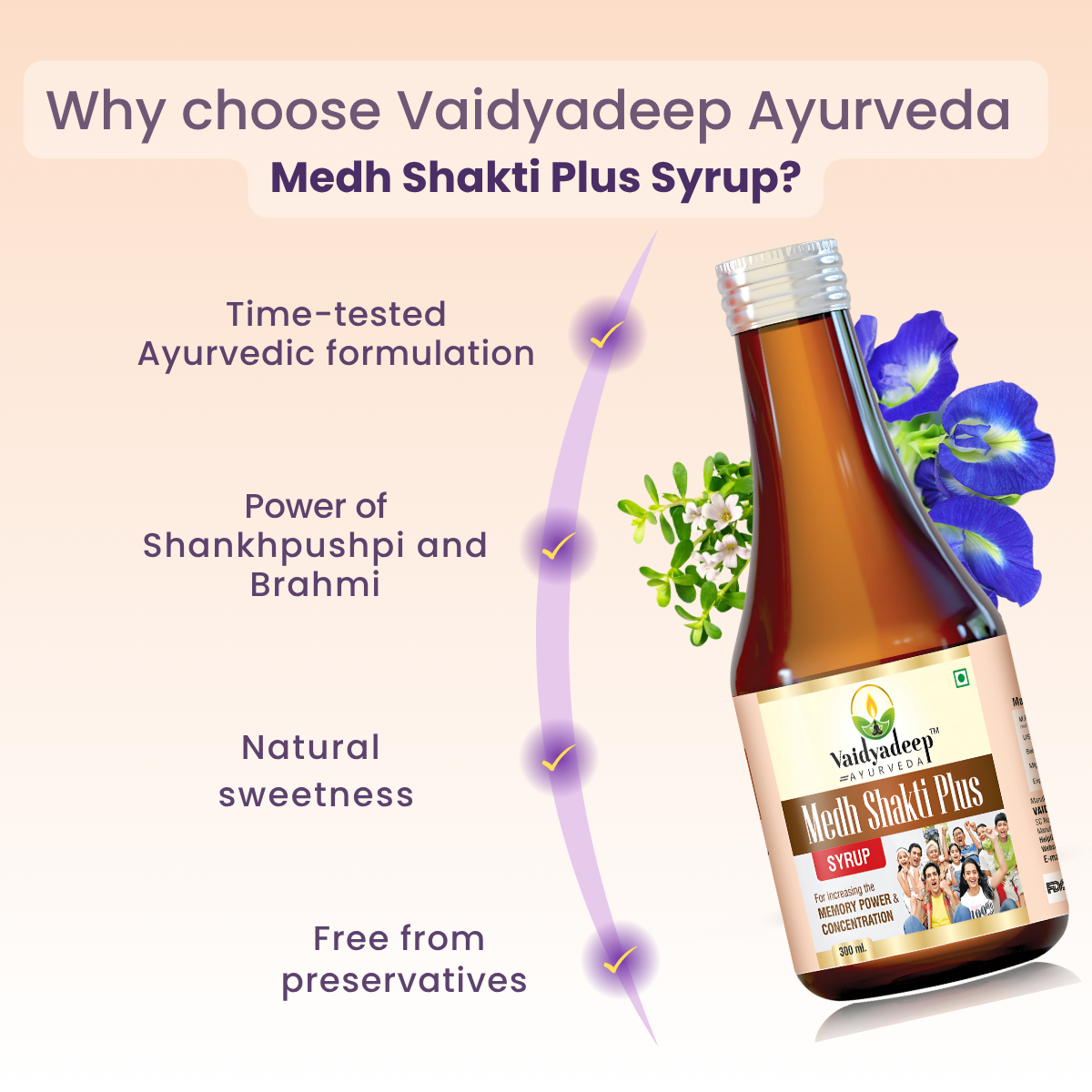Vaidyadeep Ayurveda Medh Shakti Plus Syrup bottle with product features on a beige background
