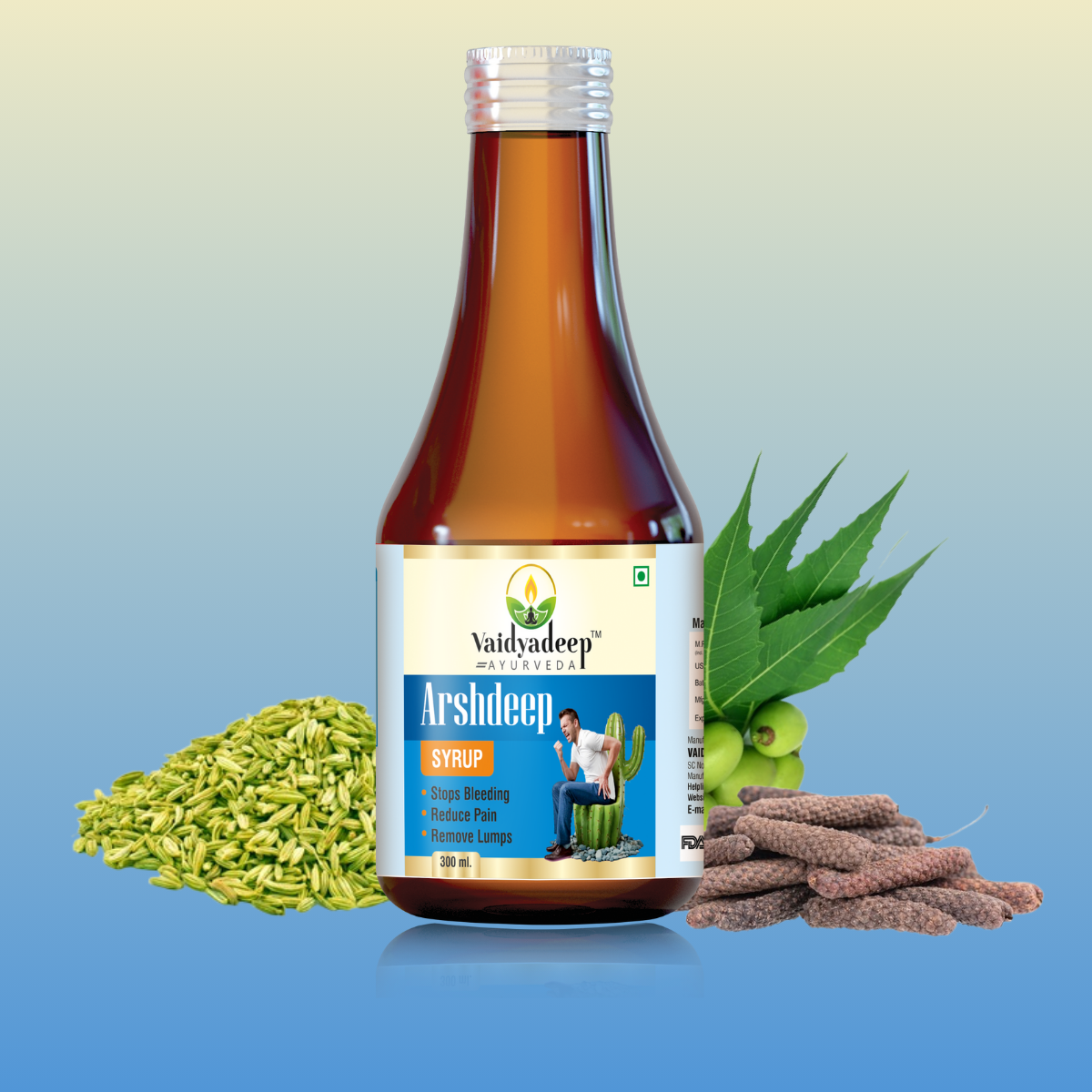 Vaidyadeep Arshdeep Strip bottle with ingredients on a gradient background