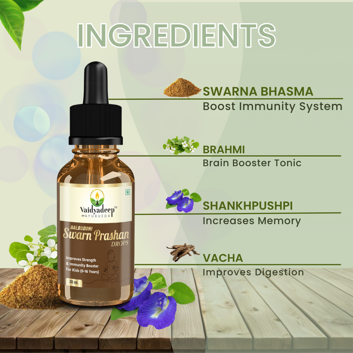 Vaidyadeep Swarn Prashan bottle with ingredients listed on a wooden surface and green background