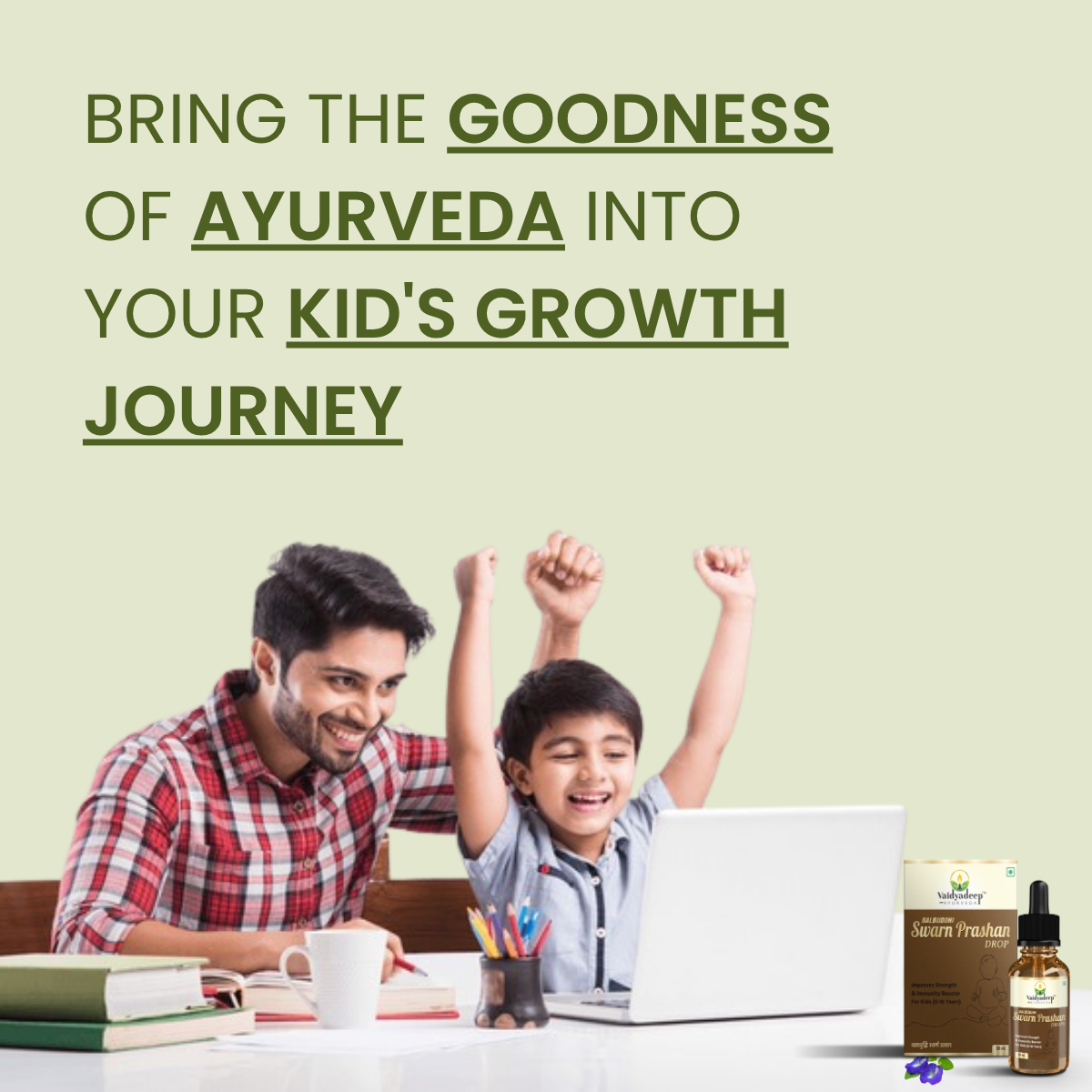 Man and child at a table with a laptop, books, and Balbuddhi Swarnaprashan with text promoting Ayurveda for kids' growth.