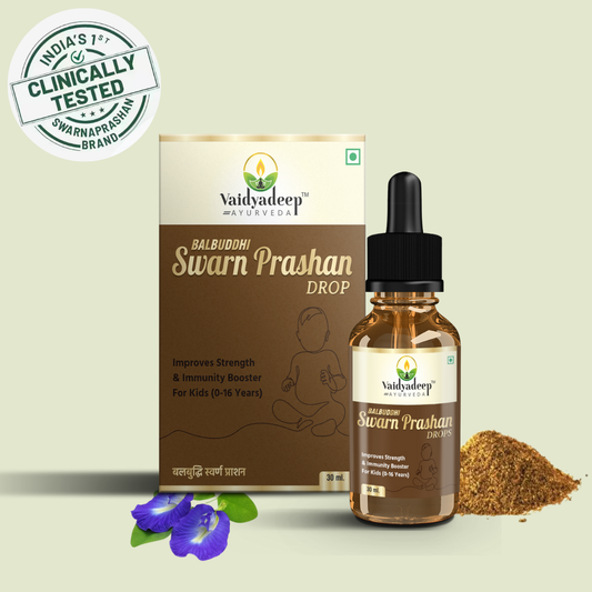 Vaidyadeep Swarn Prashan Drop packaging and bottle on a light green background