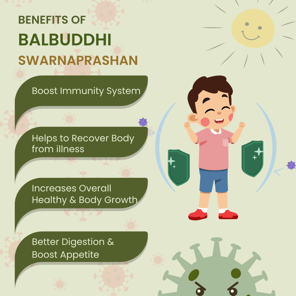 Illustration of a child with benefits of Balbuddhi Swarnaprasahan listed, including immune system boost and recovery from illness.