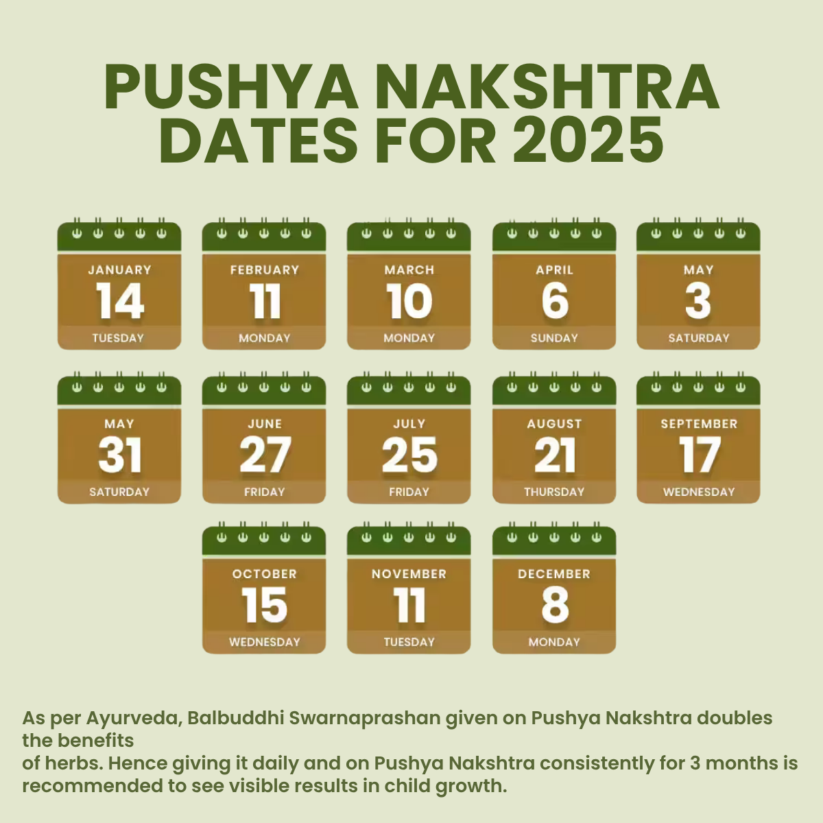 Calendar with Pushya Nakshatra dates for consuming  Balbuddhi swarnaprashan in 2025 on a beige background