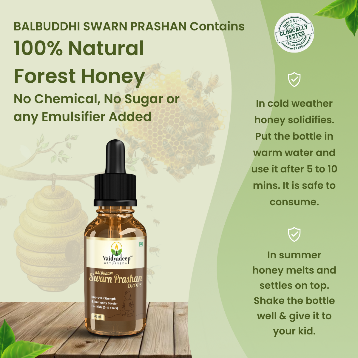 Bottle of Balbudhi Swarn Prashan honey with product details on a green background