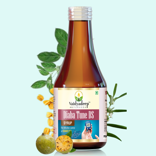 Vaidyadeep Diaba Tune DS syrup bottle with natural elements on a light blue background