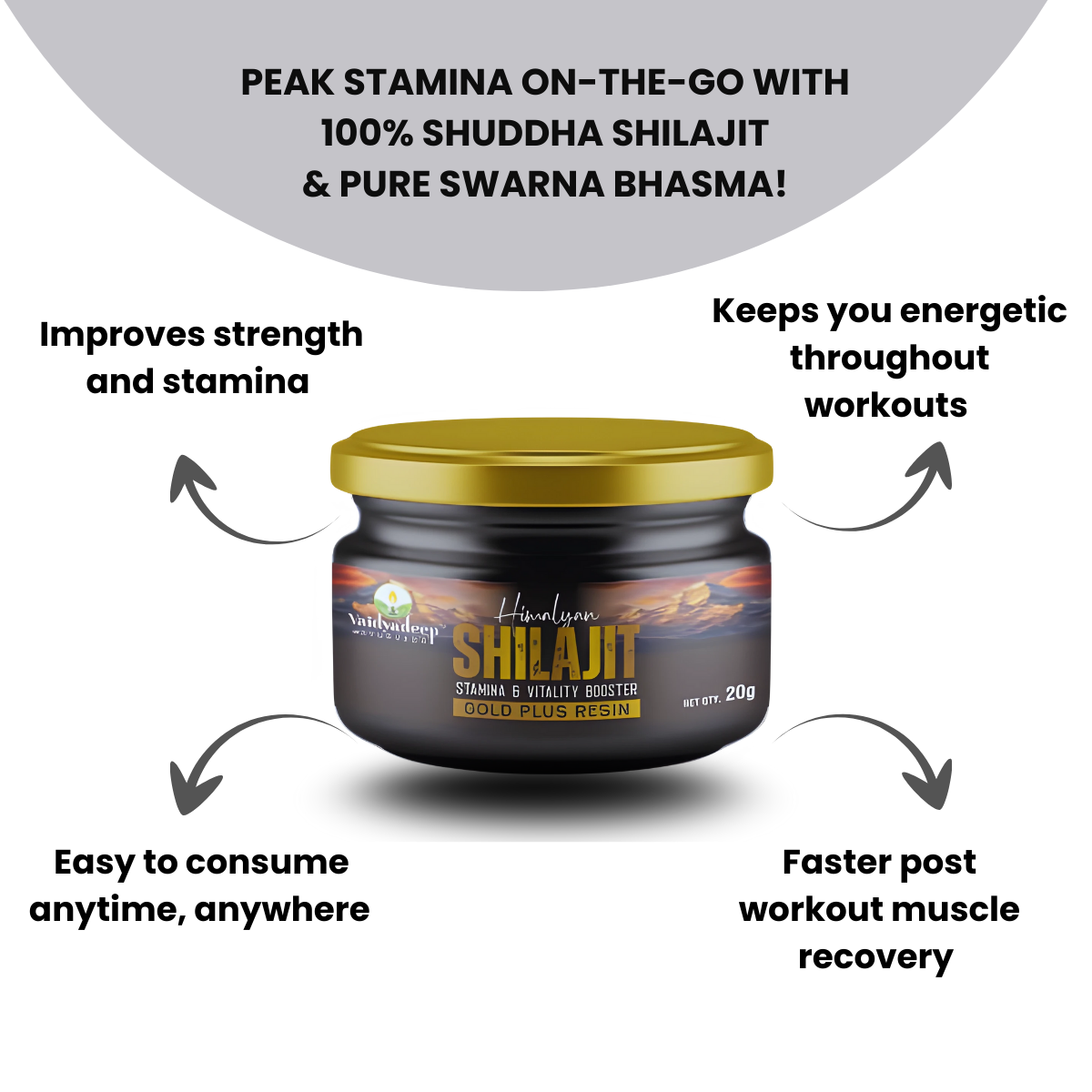 Jar of Himalayan Shilajit with text highlighting its benefits on a white background