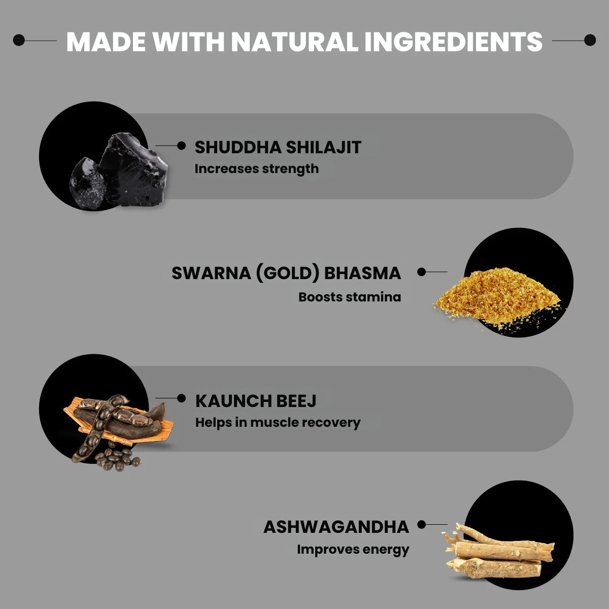 List of natural ingredients used in a product, each with its benefits on a gray background.