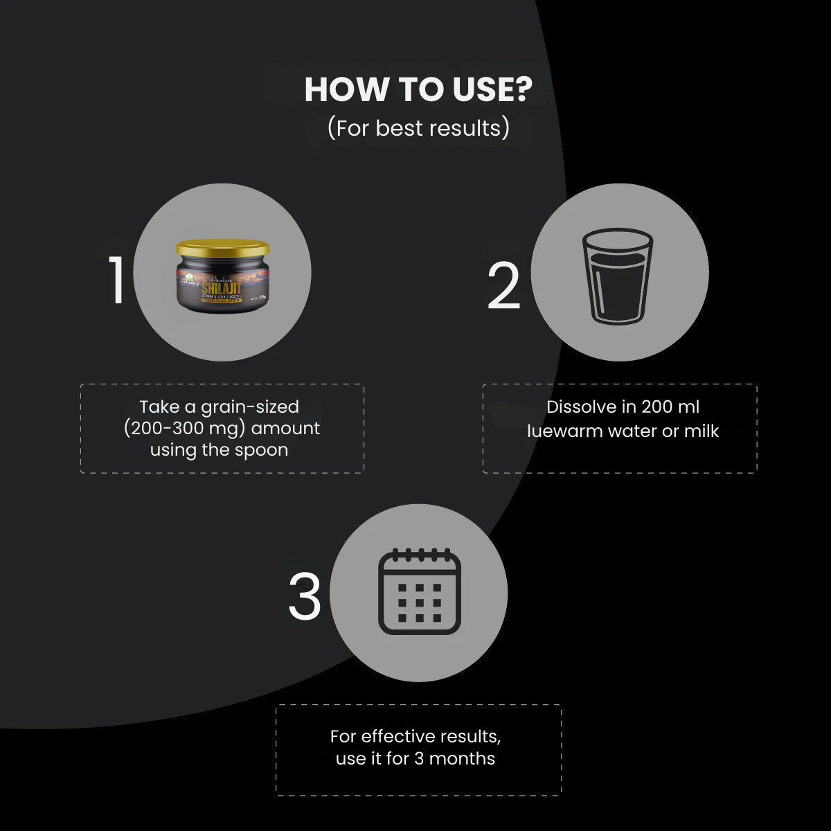 Instructions on how to use a product with icons and text on a black background