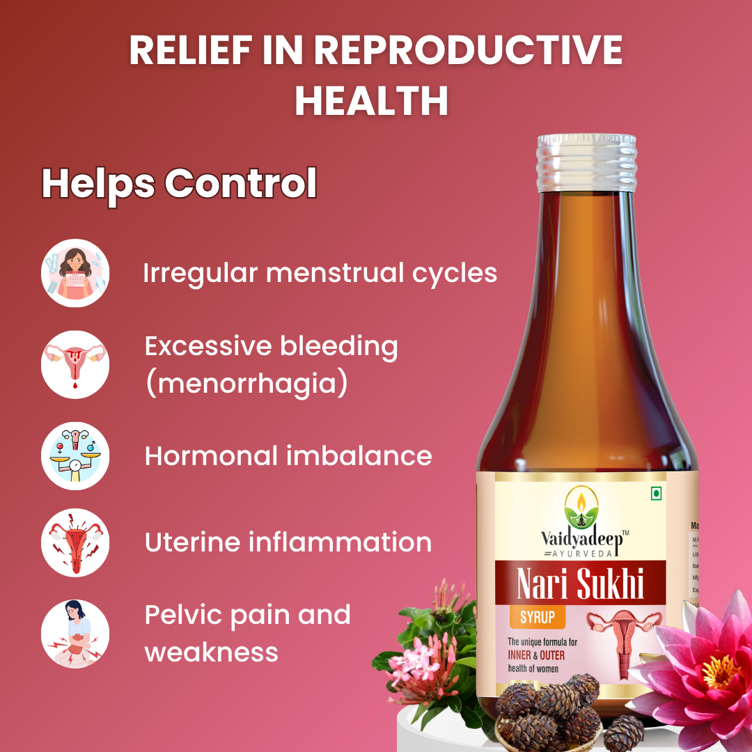 Nari Sukhi syrup bottle with health benefits listed on a pink background