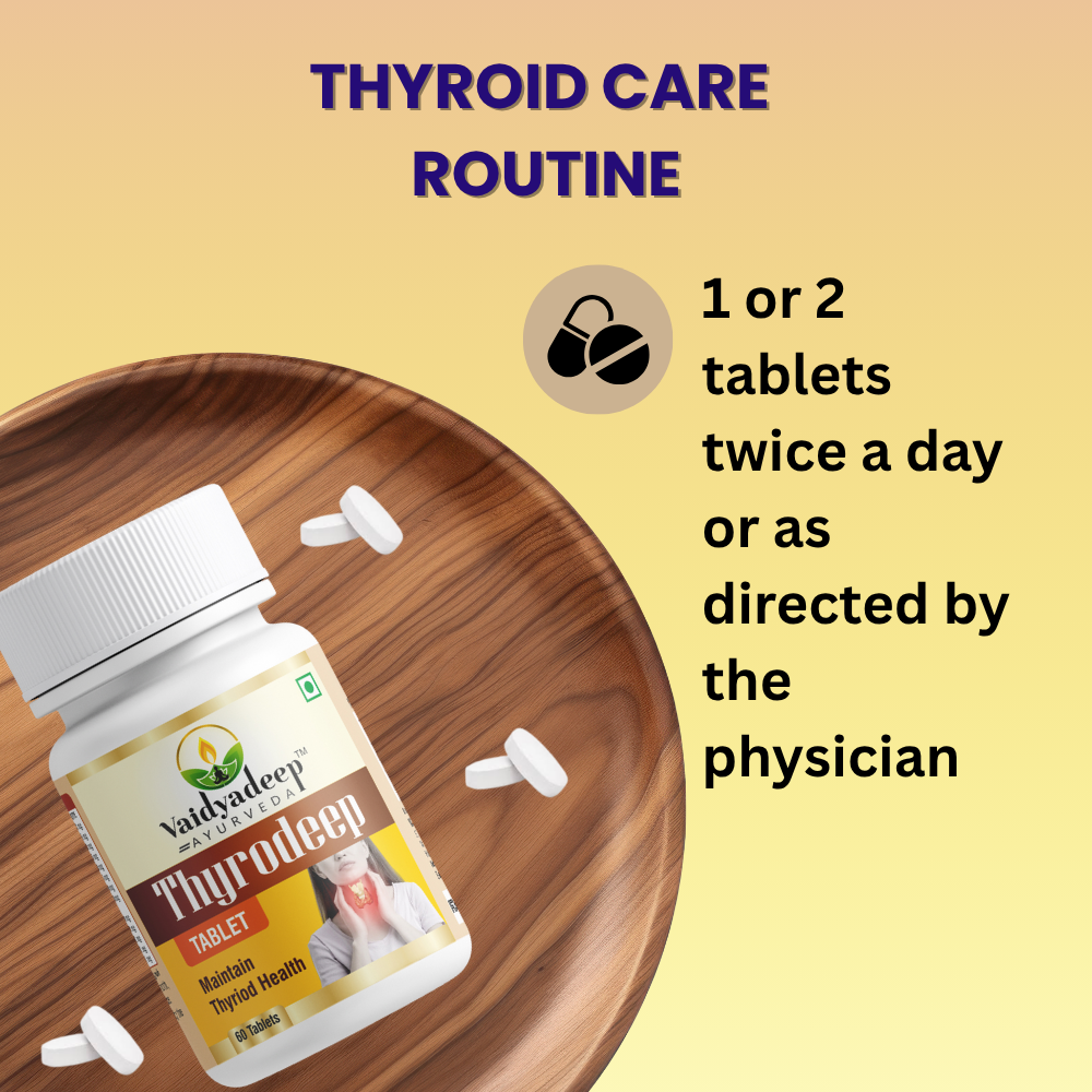 Vaidyadeep Thyrodeep tablet bottle with dosage instructions on a wooden tray against a yellow background
