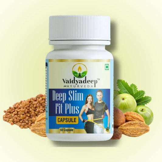 Vaidyadeep Deep Slim Fit Plus capsule bottle with health-related elements on a light yellow background
