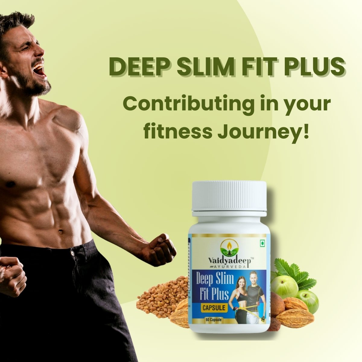 Vaidyadeep Deep Slim Fit Plus supplement with a muscular man on a green background