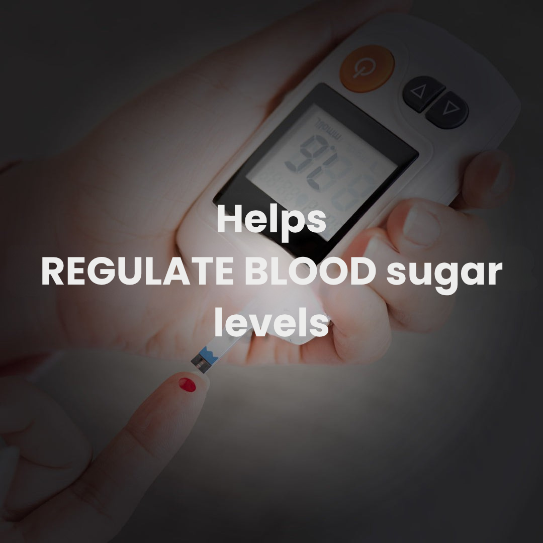Person using a blood glucose meter with text 'Helps REGULATE BLOOD sugar levels' on a dark background