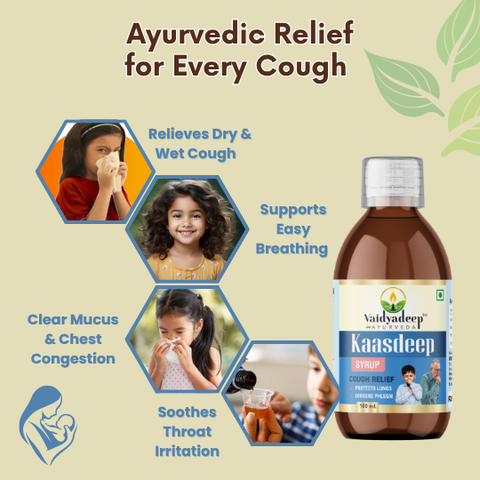 Vaidyadeep Kaasdeep syrup bottle provides relief in dry and wet cough, eases breathing, clear mucus and congestion and soothes throat irritation.