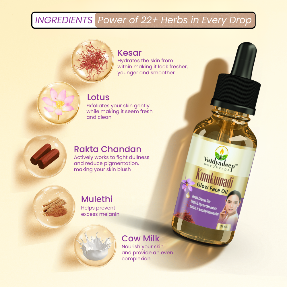 Vaidyadeep Kumkumadi Glow Face Oil bottle with ingredients displayed on a beige background