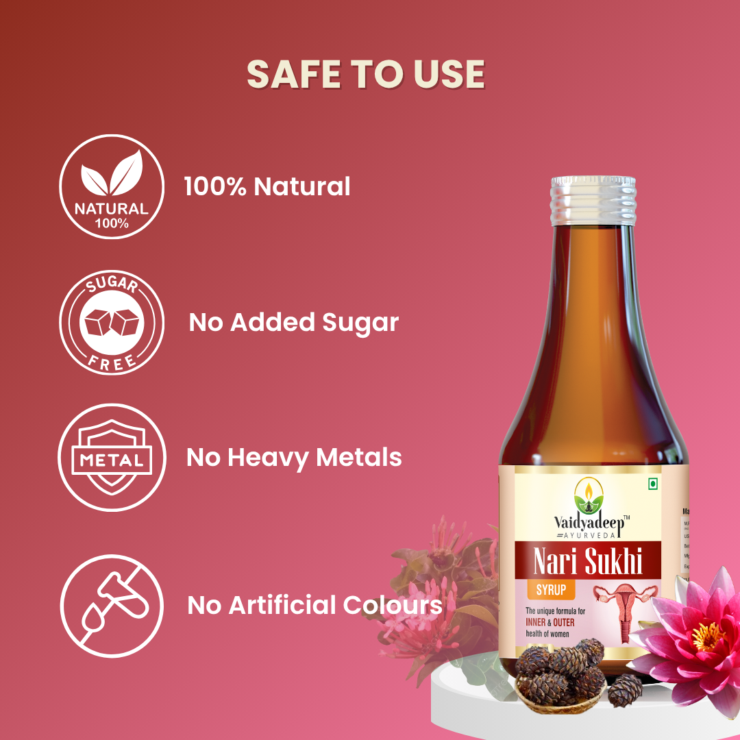 Nari Sukhi syrup bottle with safety features on a red background