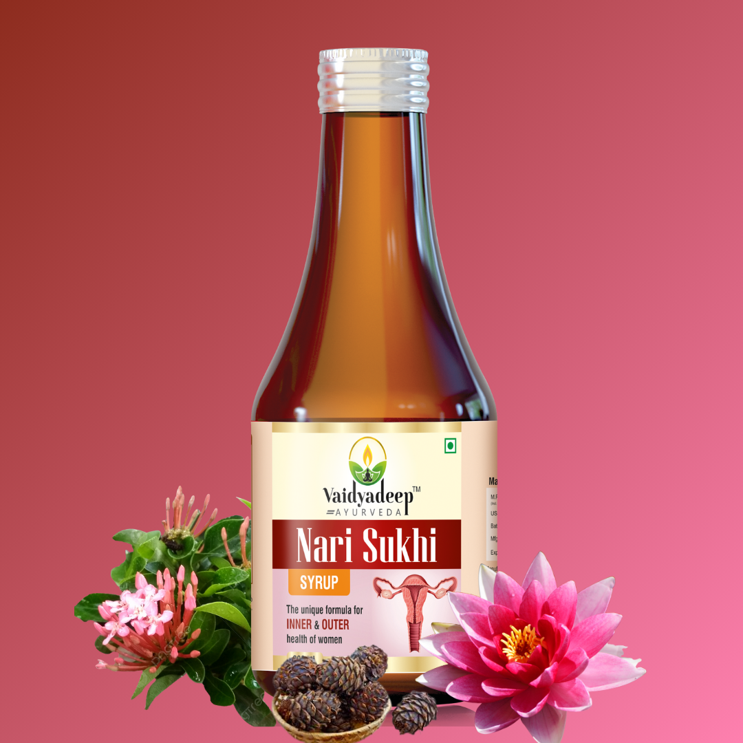 Vaidyadeep Nari Sukhi syrup bottle with flowers on a red background