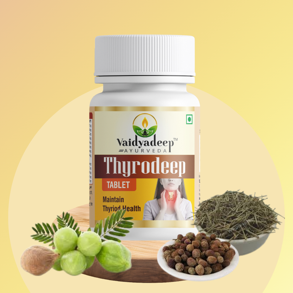 Vaidyadeep Thyrodeep Ayurvedic tablet bottle with natural ingredients on a yellow background