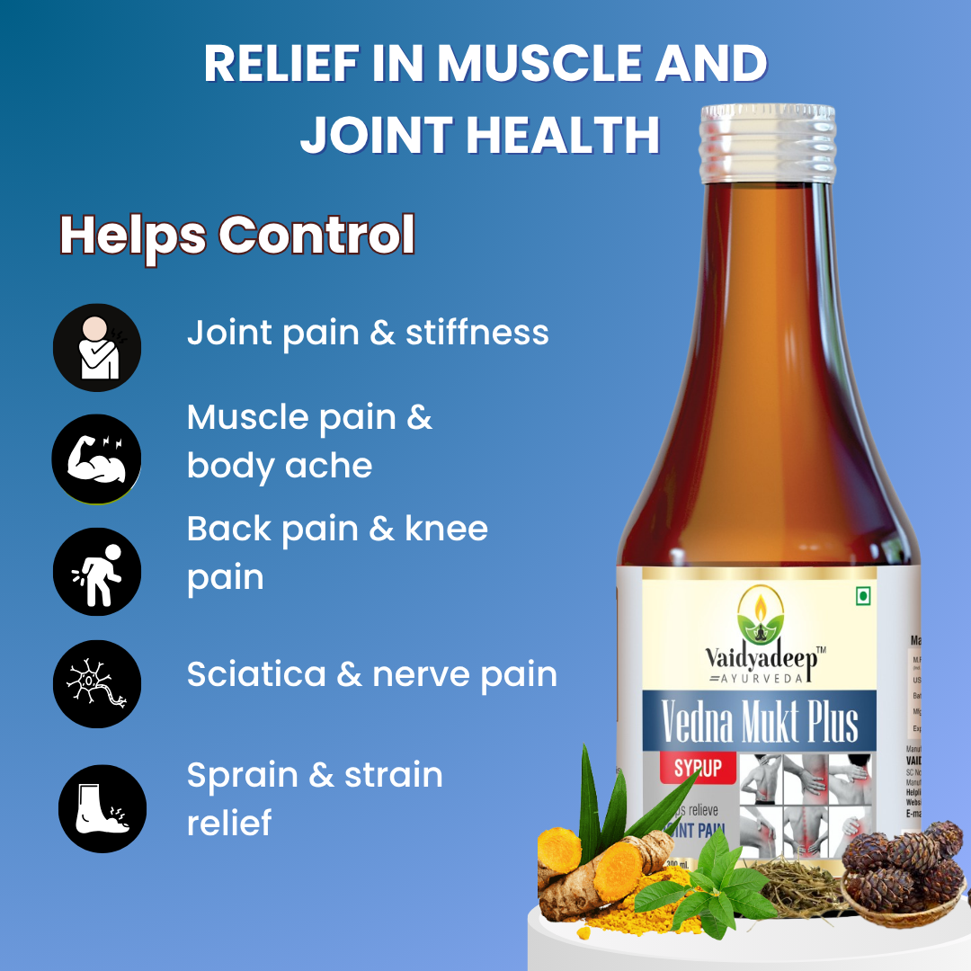 Vedna Mukt Plus syrup bottle with health benefits listed on a blue background