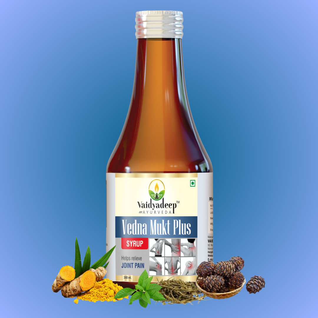 Vedna Mukt Plus syrup bottle with natural ingredients on a blue background