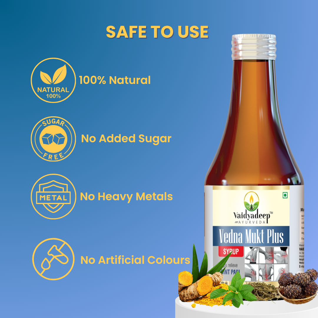 Bottle of Vaidyadeep Vedna Mukt Plus Syrup with  features on a blue background