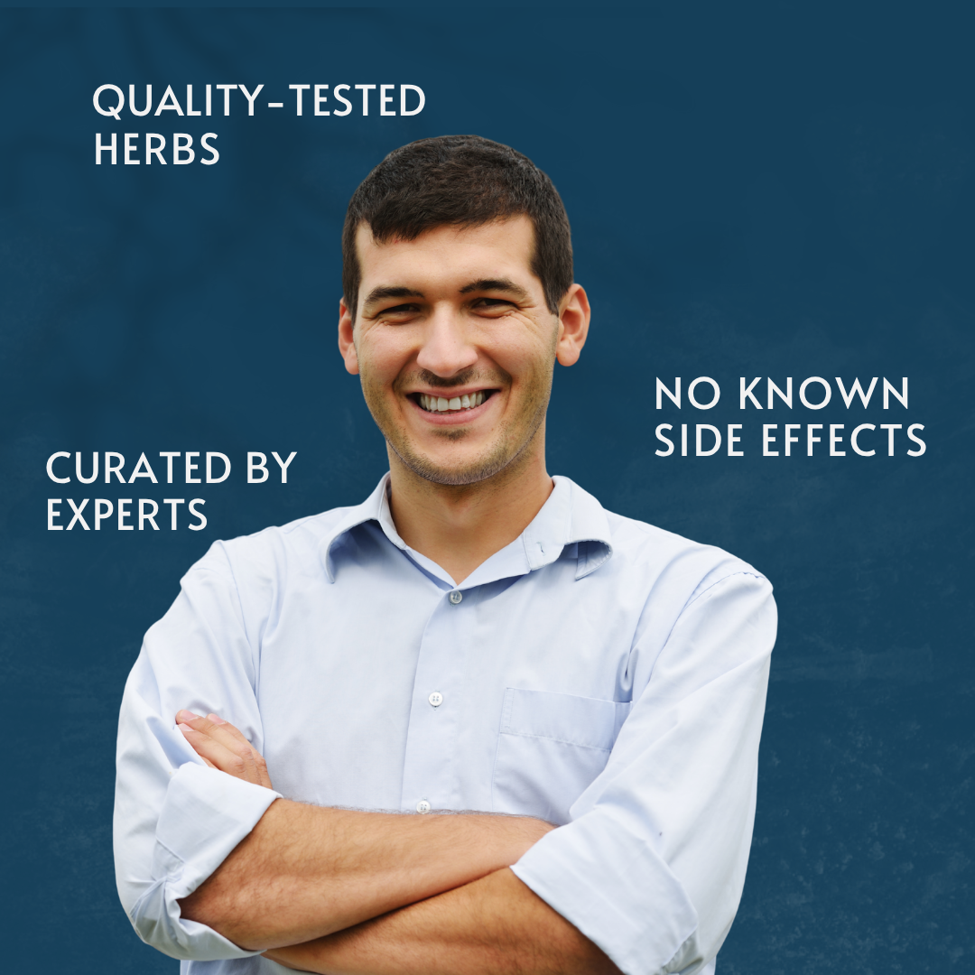 Man with arms crossed against a blue background with text about quality-tested herbs and curated by experts.